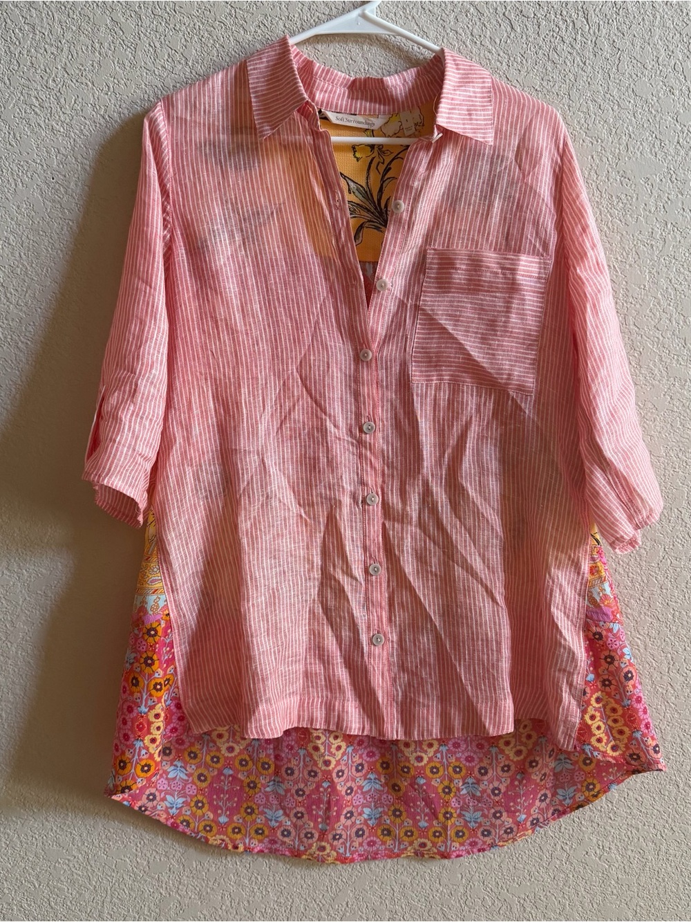 Soft Surroundings Size S striped 100% linen Tunic Top Pink Yellow Tropical Boho